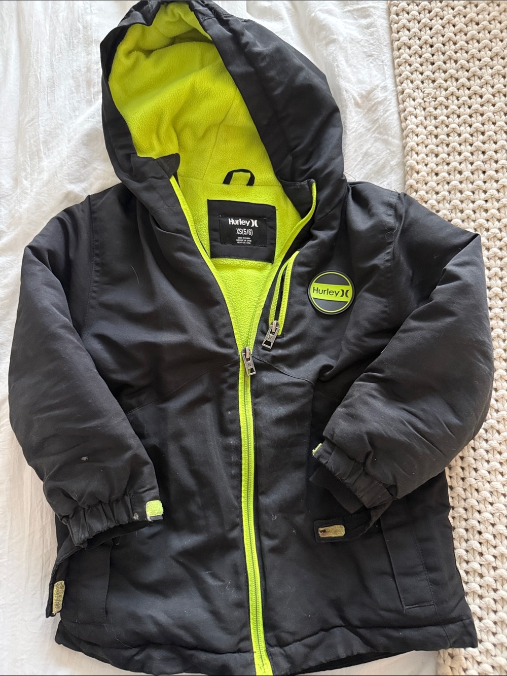 Hurley Black Jacket with Neon Green Trim and Lined Hood